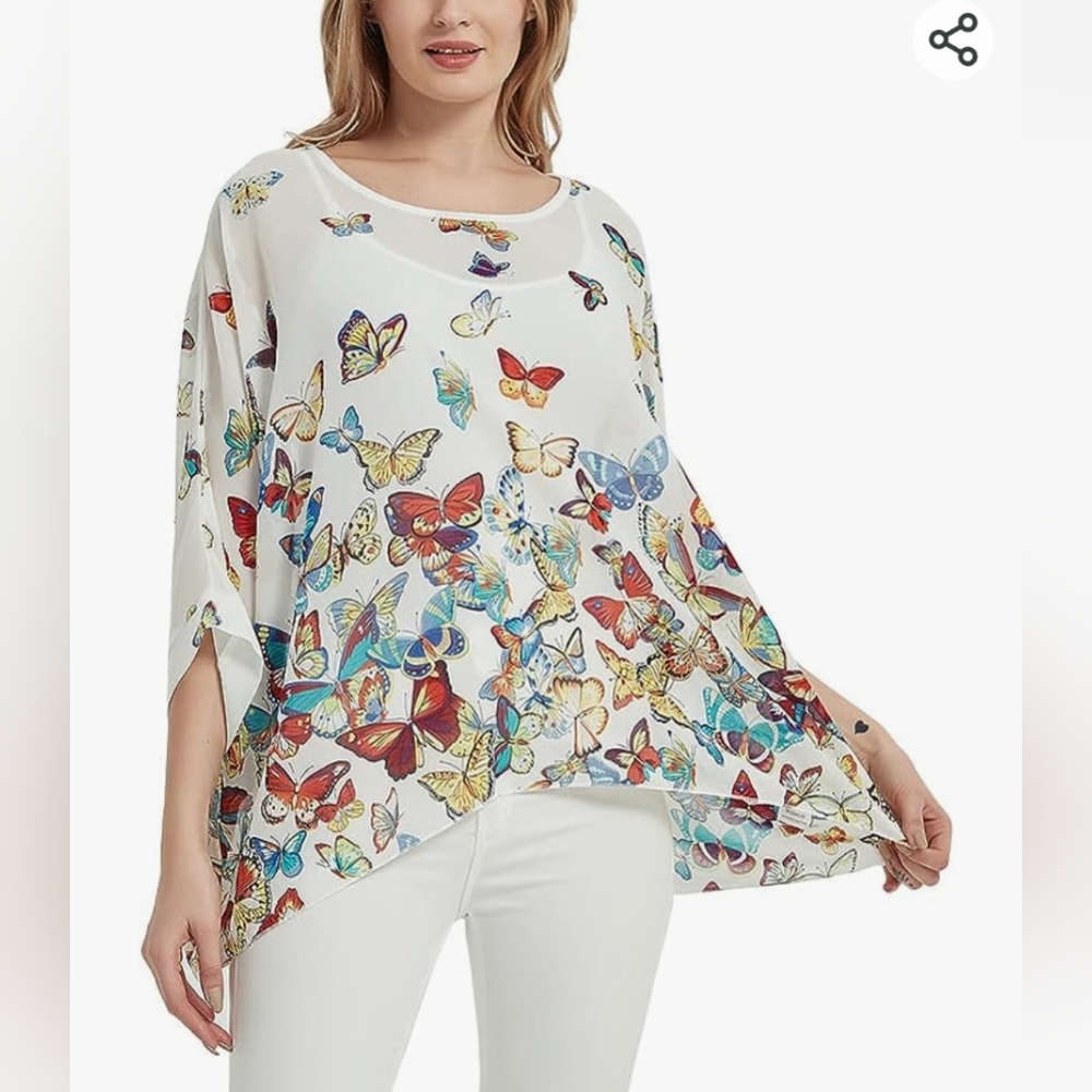 WiWish Butterfly Print Top OSFM White Multi